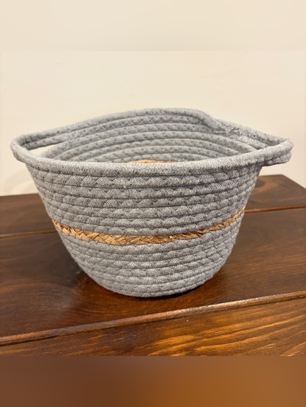 Small Round Rope Storage Basket w/ Handles Light Grey 9"x8"x5.5" Boho Chic